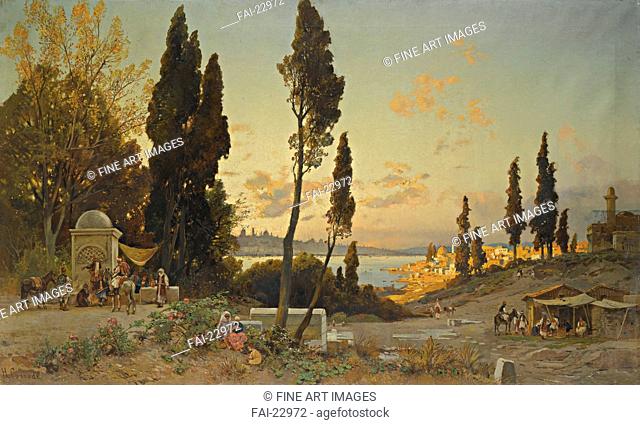 Views across the Bosphorus, Constantinople. Corrodi, Hermann David Salomon (1844-1905). Oil on canvas. Orientalism. Italy. Private Collection