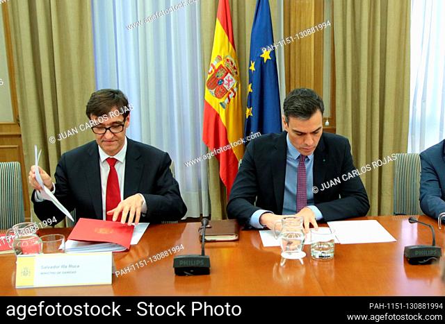 Madrid, Spain, 11/03/2020.- President of Spain Pedro Sanchez presides with the Health Minister Salvador Illa the Coronavirus Evaluation and Monitoring Committee...