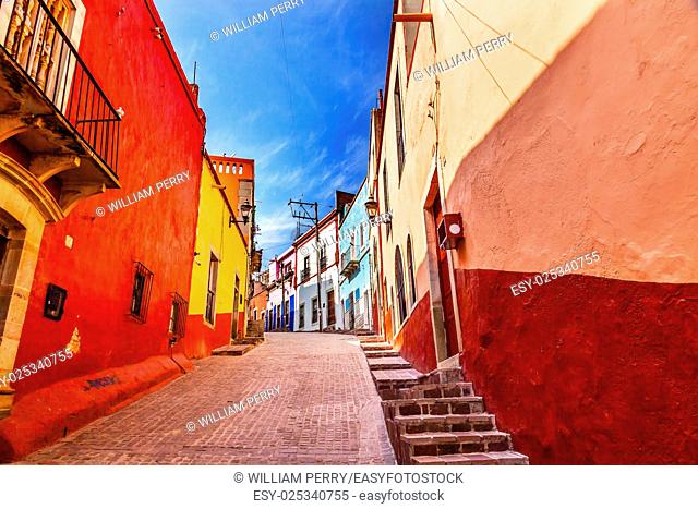 Many Colored Red Yellow Narrow Street Houses of Guanajuato Mexico