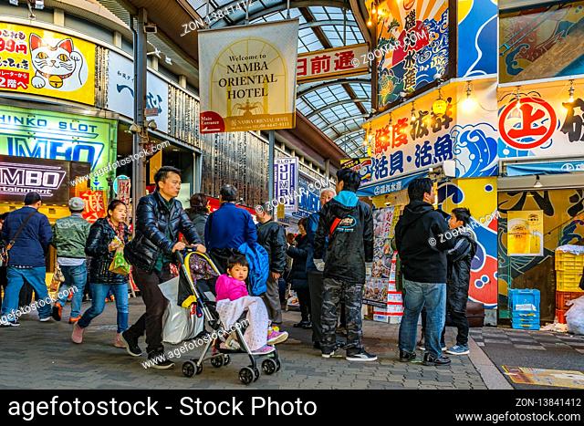 OSAKA, JAPAN, JANUARY - 2019 - Urban winter day scene at dotonbori neighborhood in osaka city, japan