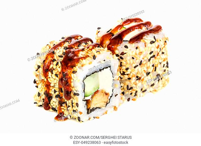 Uramaki maki sushi, two rolls isolated on white. Eeel with philadelphia, avocado, sesame and tempura