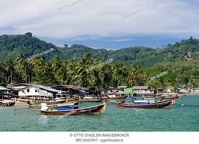 Fishing village, long-tail boats, Ko Muk or Ko Mook island, Thailand, Southeast Asia