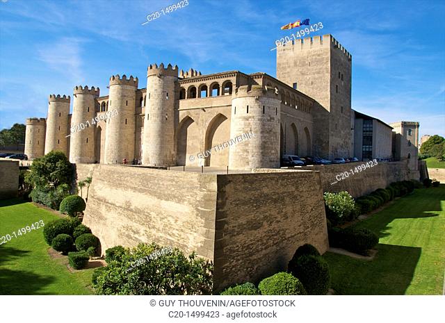 Aljaferia palace, XIth c , fortified walls and towers, Saragossa Aragon Spain