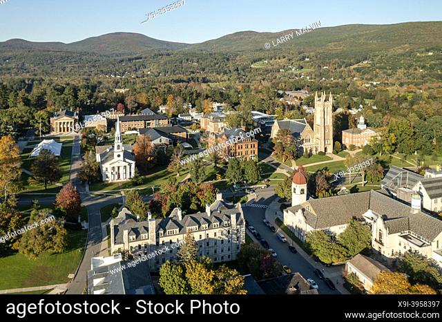 Aerial view of the Thompson Memorial Chapel and the campus of Williams College in Williamstown, MA during fall