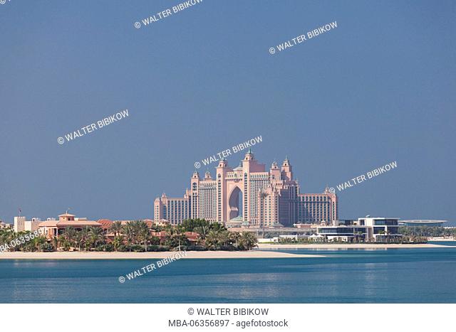 UAE, Dubai, Palm Jumeirah, elevated view of the Palm area of man-made islands in the shape of a palm, view towards Atlantis, The Palm, Hotel