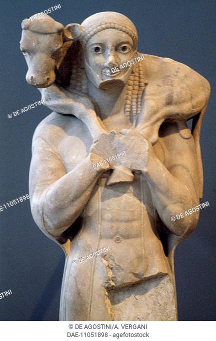 Moscophoros (calf bearer), marble sculpture, Greece. Greek civilisation, 570-560 BC.  Athens, Ethnikó Arheologikó Moussío (National Archaeological Museum)