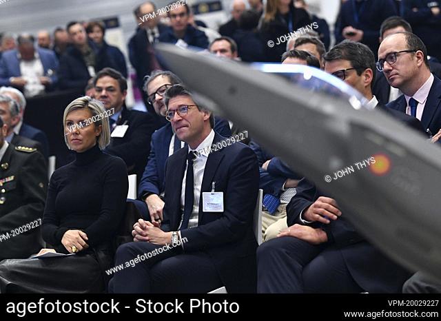 Defence minister Ludivine Dedonder and Vice-prime minister and minister of Economy and Work Pierre-Yves Dermagne pictured during the inauguration ceremony of...