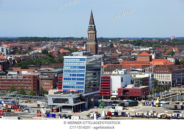 Germany, Kiel, Kiel Fjord, Baltic Sea, Schleswig-Holstein, panoramic view across the Kiel harbour to the city centre, New City Hall