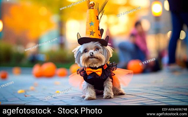 Playful portrait of a dog wearing a costume and participating in a Halloween pet parade, highlighting the adorableness of Halloween festivities