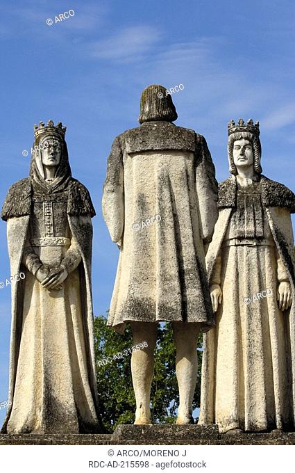 Statues of Queen Isabel, King Fernando and Christopher Columbus, gardens of Alcazar de los Reyes Cristianos, Cordoba, Andalusia, Spain