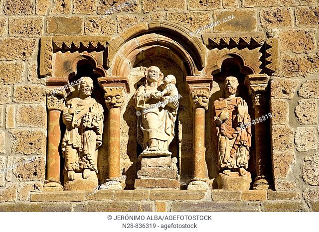 Sculptures on the façade of Santa Maria la Real Romanesque church, Piasca, Liebana, Picos de Europa National Park, Cantabria, Spain