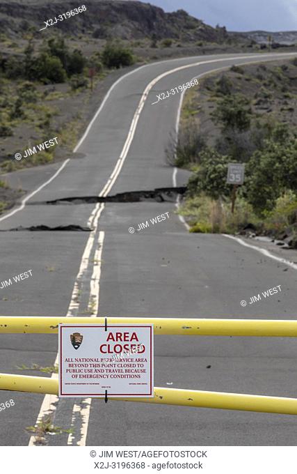 Hawaii Volcanoes National Park, Hawaii - Road damage from the 2018 eruption of the Kilauea volcano has closed the Crater Rim Drive
