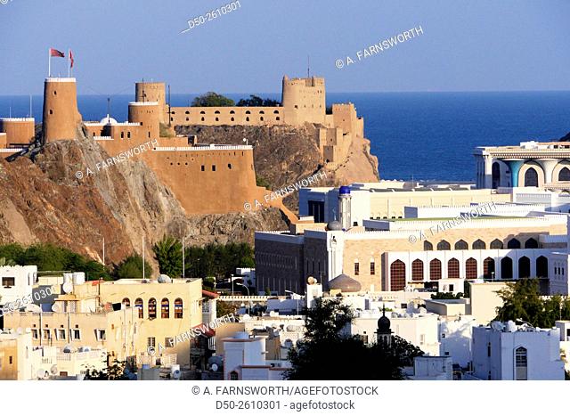 MUSCAT, OMAN Old Muscat, Mirani and Jalali Forts, and site of government