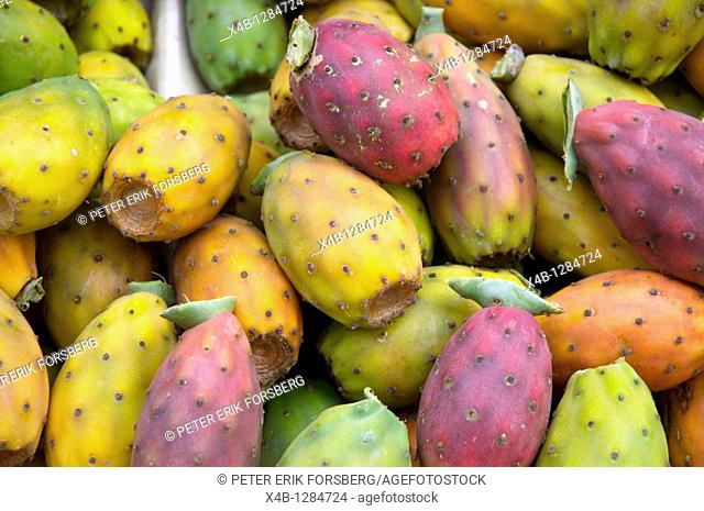Opuntia the cactus figs at food market in Catania Sicily Italy Europe