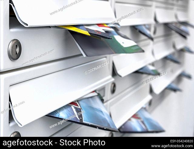 Modern mailboxes filled of flyers. Business and advertising concepts. Shallow depth of field