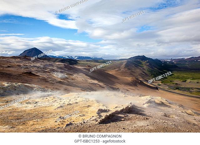 GEOTHERMAL ZONE OF NAMAFJALL, VOLCANIC BULGE NEAR LAKE MYVATN, IN THE VOLCANIC SYSTEM OF KRAFLA, A VAST AND SANDY ZONE COLOURED BY SULFUR AND DEPOSITS OF...