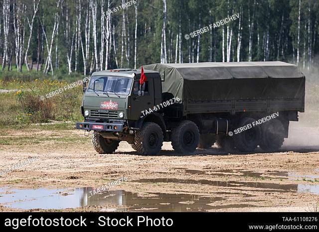 RUSSIA, MOSCOW - AUGUST 16, 2023: A KamAZ-Mustang truck takes part in a dynamic display of weaponry and military hardware as part of the Army 2023 International...