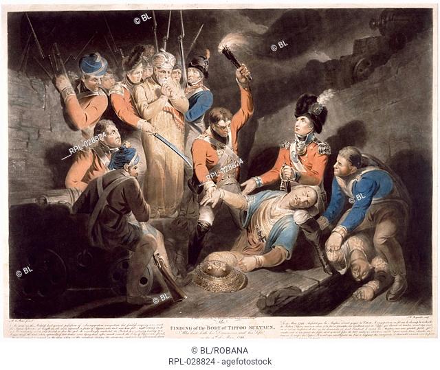 Finding the body of Tipu, 'Finding the Body Of Tippoo Sultan'. Coloured engraving. Originally published/produced in London, 1800