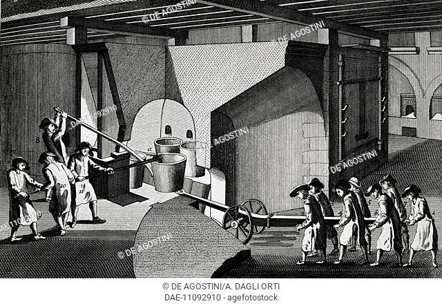Interior of a mirror production foundry, engraving. Italy, 18th century.  Venice, Museo Correr (Art Museum)