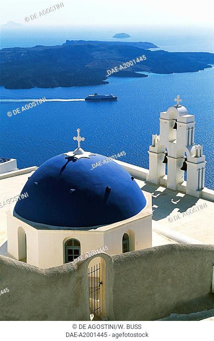 Dome of the church of Agios Theodoris in Firostefani, Santorini island, Cyclades islands, Greece