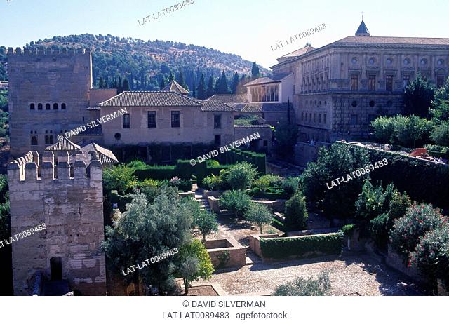Alhambra hill complex. Moorish palace. Nasrid palace. View from Alcazaba. Gardens. Tower