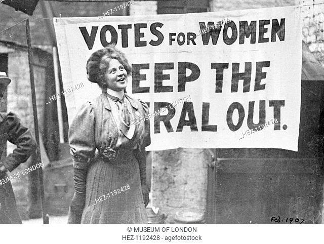 Gladice Keevil campaigning at the Manchester North West by-election, Lancashire, 1908. The suffragettes were determined to defeat Winston Churchill
