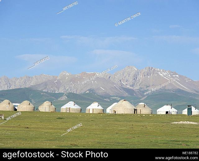 Yurts for tourists at lake Song Kol (Son Kul, Songkoel, Song-Koel). Tien Shan mountains or heavenly mountains in Kirghizia