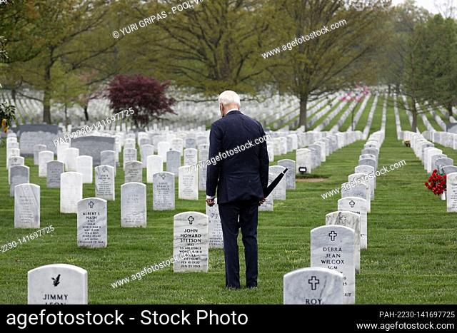 United States President Joe Biden visits Section 60 at Arlington National Cemetery in Washington on April 14, 2021 following his address on the withdrawal of US...