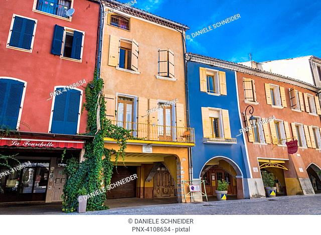 France, Drome, The Provencal Baronnies Regional Natural Park, Buis-les-Baronnies, houses and covered passage of the Market Place