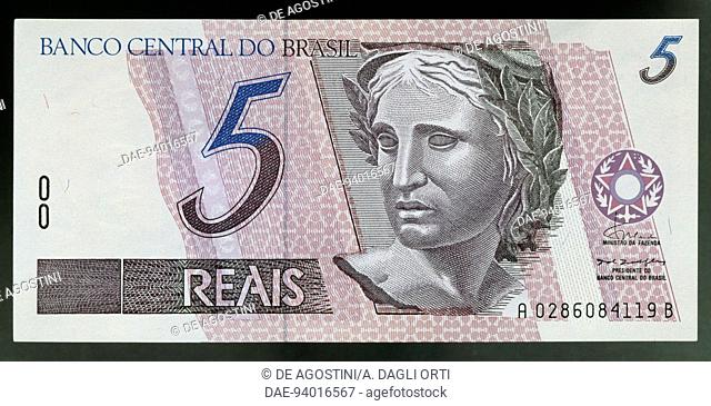 5 reais banknote, 1994, obverse, statue of the Republic. Brazil, 20th century