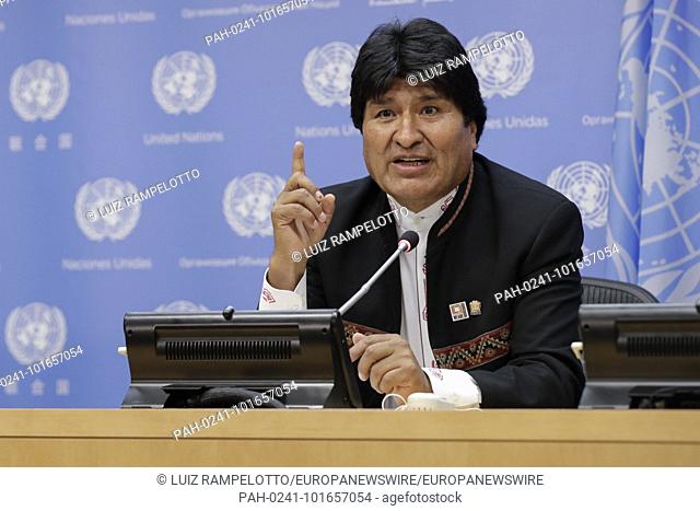 United Nations, New York, USA, April 16 2018 - Evo Morales Ayma, President of the Plurinational State of Bolivia, briefs press on indigenous people's collective...