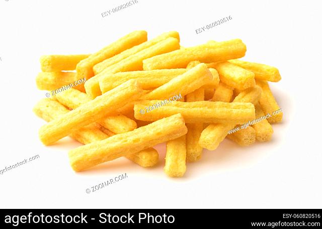 Pile of wheat puffed sticks isolated on white