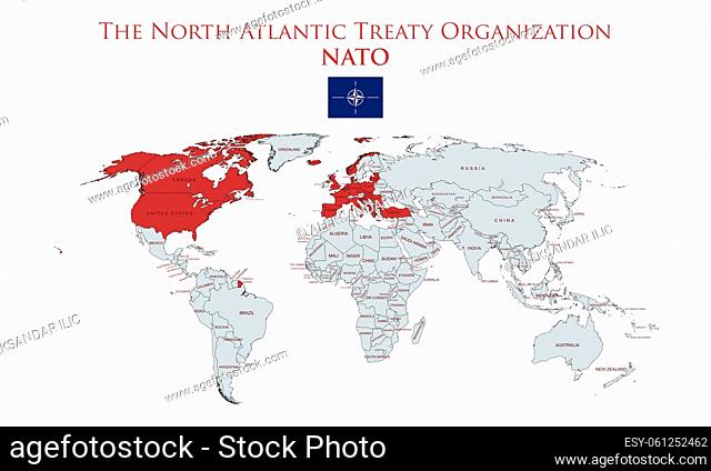 NATO (North Atlantic Treaty Organization) countries presented in red color on world map illustration