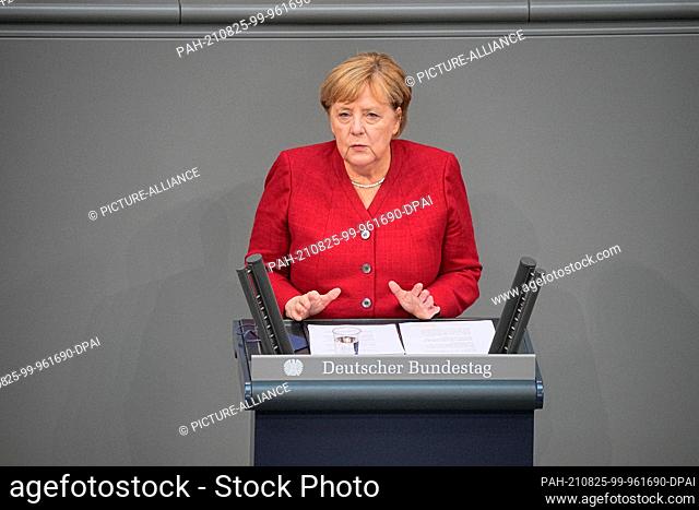 25 August 2021, Berlin: Chancellor Angela Merkel (CDU) delivers a government statement on the situation in Afghanistan at the special session of the Bundestag