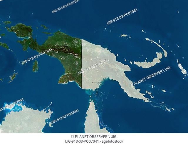 Satellite view of Papua New Guinea, Indonesia (with country boundaries and mask). This image was compiled from data acquired by Landsat satellites