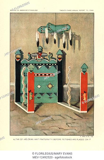 Altar of Halo'kwe, Ant Fraternity, before fetishes are placed on it, Zuni nation. Chromolithograph by August Hoen from John Wesley Powell's 23rd Annual Report...