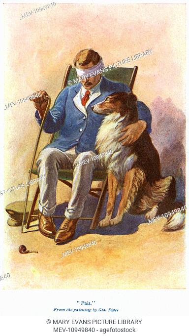 'Pals' by George Soper. A blinded veteran of the First World War, wearing the blue jacket and red tie of the wounded, sits in a chair accompanied by a loyal...