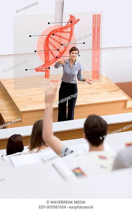 Teacher in front of futuristic interface pointing college student