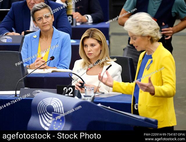 14 September 2022, France, Straßburg: Commission President Ursula von der Leyen delivers a State of the Union address at the start of the European Parliament's...