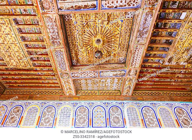 Luxurious Arabic craftsmanship inside. Mud brick Kasbah of Taourirt. Ouarzazate, Drâa-Tafilalet, Morocco, North Africa