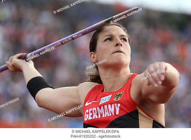 Germany's Linda Stahl competes in the women's Javelin Throw final at the European Athletics Championships at the Olympic Stadium in Amsterdam, The Netherlands
