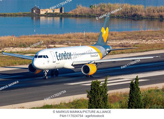 Corfu, Greece – 16. September 2017: Condor Airbus A320 at Corfu airport (CFU) in Greece. | usage worldwide. - Corfu/Greece