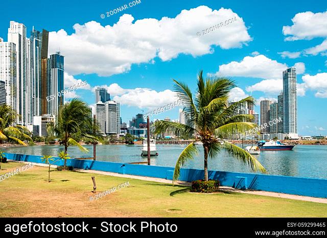Public park and skyline at coast promenade in Panama City - Avenida Balboa