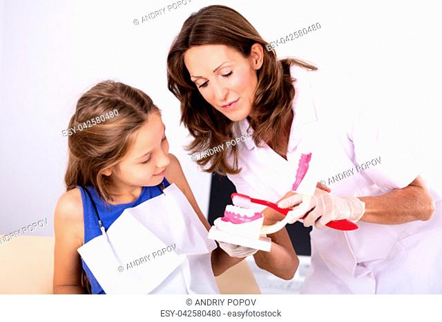 Girl Looking At Female Dentist Cleaning Teeth Model With Toothbrush