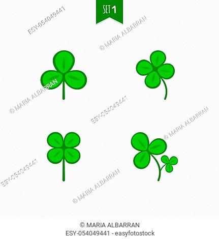 Luck clover leaves vector set isolated on white background. Four and three leaf clover. Flat illustration
