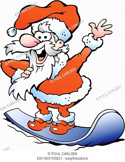 Hand-drawn Vector illustration of an Happy Santa on snowboard