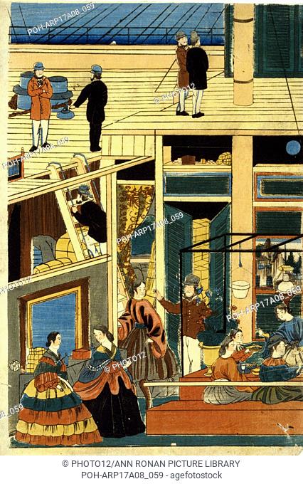 Interior of an American steamship. Japanese triptych print shows a cutaway view of an American steamship with group of passengers seated around a table below...