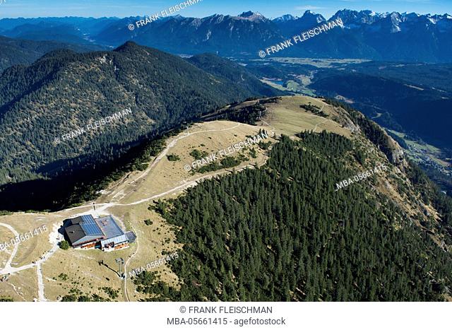 Stagger with rolling railway, Garmisch-Partenkirchen, aerial picture, paraglider start square, Karwendel, Isar valley, Bavarians, Germany