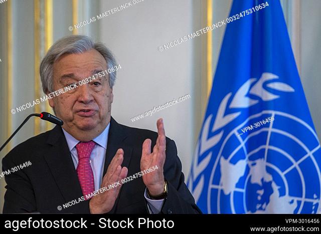 UN Secretary-General Antonio Guterres and Prime Minister De Croo (not pictured) hold a press conference after a diplomatic meeting in Brussels