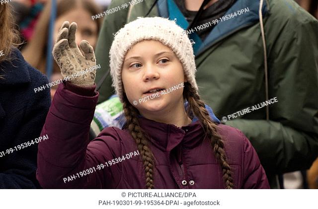 01 March 2019, Hamburg: Climate activist Greta Thunberg at a rally. The young Swedish woman has come to Germany for the first time for a school strike for more...